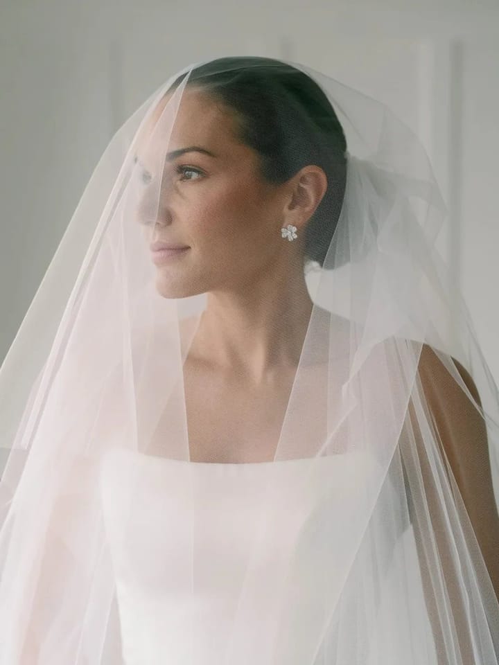 Bride in a sheer veil against a pale wall