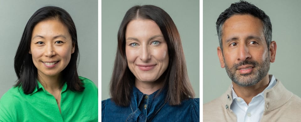 Three Kaluza employee portraits against soft sage backgrounds
