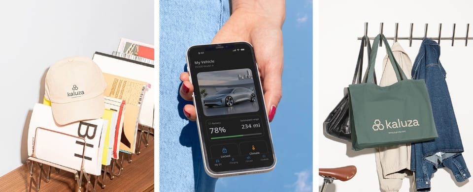 Kaluza cap, vehicle app on a phone and green tote bag