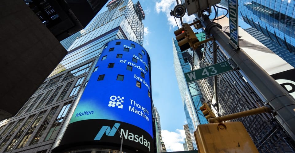 Thought Machine displayed on the Nasdaq tower in New York City