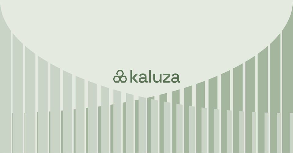 Kaluza logo centred over a sage geometric background