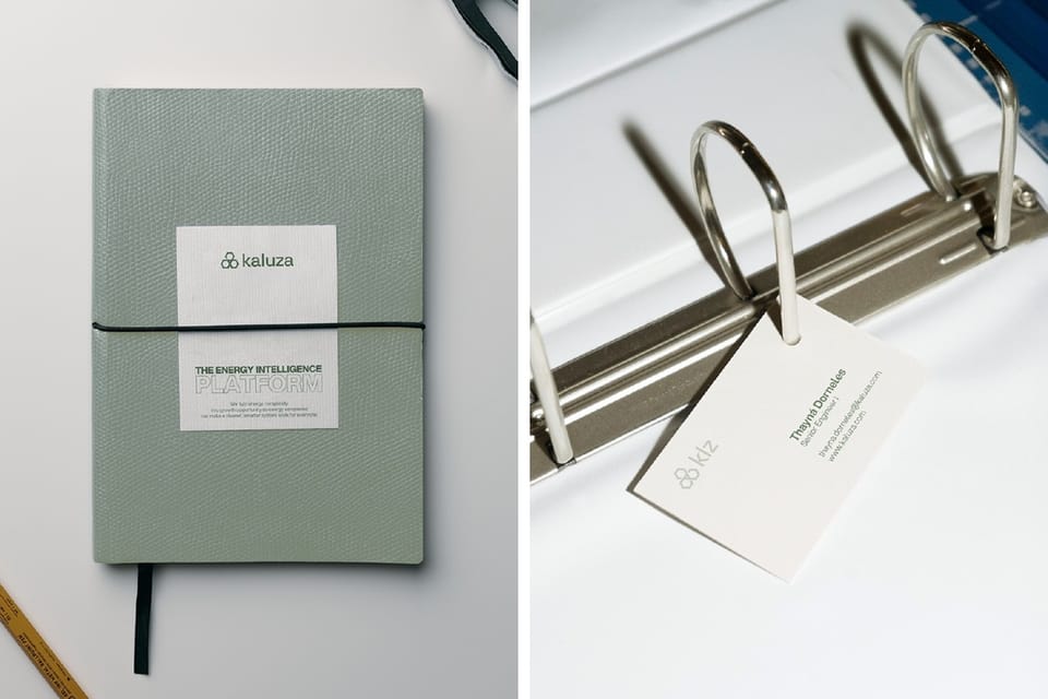 Kaluza notebook and business card in a ring binder
