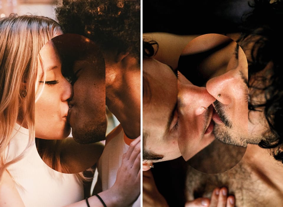 Diptych of two couples kissing, cut with a soft arch shape
